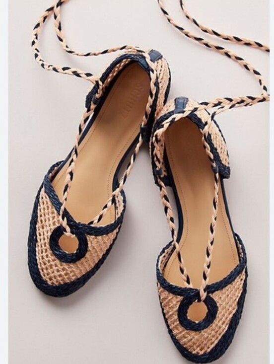 SCHUTZ Shoes - Schutz Jessel Flat Sandal Navy and Tan Straw Flats Size 6B